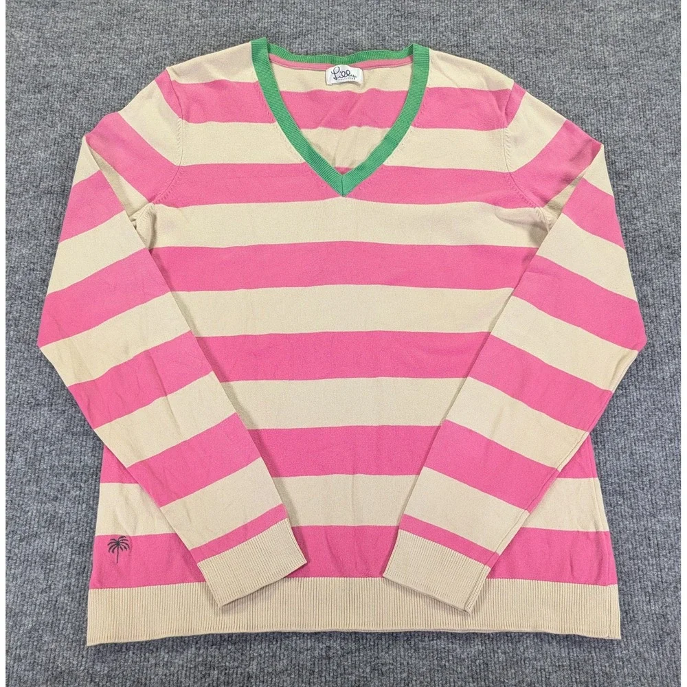 Lilly Pulitzer Vintage Pink Tan Striped V-Neck Sweater Logo Green Trim Large